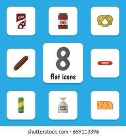 Flat Icon Meal Set Of Kielbasa, Cheddar Slice, Spaghetti And Other Vector Objects. Also Includes Biscuit, Tomato, Macaroni Elements.