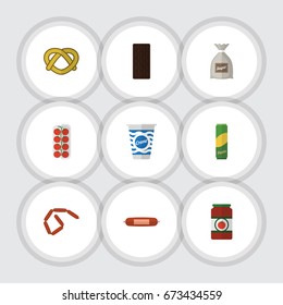 Flat Icon Meal Set Of Kielbasa, Spaghetti, Confection And Other Vector Objects. Also Includes Biscuit, Bag, Cookie Elements.