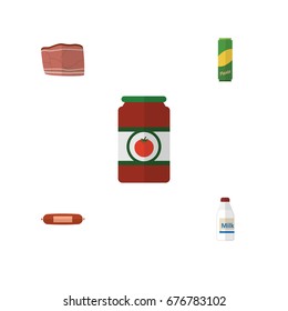 Flat Icon Meal Set Of Kielbasa, Beef, Ketchup And Other Vector Objects. Also Includes Ketchup, Bottle, Tomato Elements.