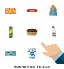 Flat Icon Meal Set Of Kielbasa, Spaghetti, Canned Chicken And Other Vector Objects. Also Includes Bottle, Milk, Tart Elements.