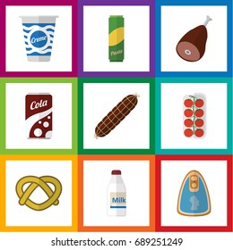 Flat Icon Meal Set Of Meat, Spaghetti, Bottle And Other Vector Objects. Also Includes Apple, Beef, Cookie Elements.