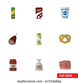 Flat Icon Meal Set Of Packet Beverage, Yogurt, Meat And Other Vector Objects. Also Includes Apple, Tomato, Pasta Elements.
