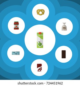 Flat Icon Meal Set Of Packet Beverage, Tin Tuna, Fizzy Drink And Other Vector Objects. Also Includes Cookie, Bag, Sauce Elements.