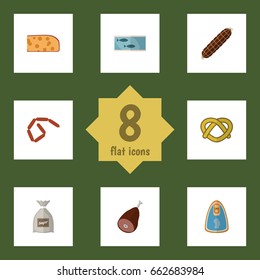 Flat Icon Meal Set Of Sack, Canned Chicken, Meat And Other Vector Objects. Also Includes Sausage, Frankfurt, Pretzel Elements.