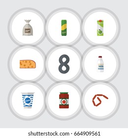 Flat Icon Meal Set Of Sack, Bratwurst, Bottle And Other Vector Objects. Also Includes Custard, Cream, Sack Elements.