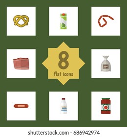 Flat Icon Meal Set Of Sack, Packet Beverage, Beef And Other Vector Objects. Also Includes Breakfast, Biscuit, Bottle Elements.