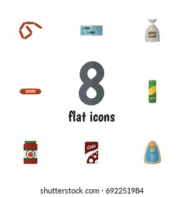Flat Icon Meal Set Of Sack, Fizzy Drink, Kielbasa And Other Vector Objects. Also Includes Bratwurst, Tomato, Chicken Elements.