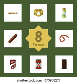 Flat Icon Meal Set Of Smoked Sausage, Confection, Fizzy Drink And Other Vector Objects. Also Includes Ketchup, Pretzel, Hotdog Elements.