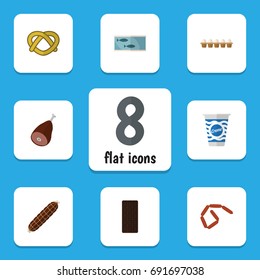 Flat Icon Meal Set Of Smoked Sausage, Yogurt, Cookie And Other Vector Objects. Also Includes Smoked, Confection, Meat Elements.