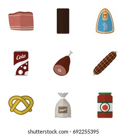 Flat Icon Meal Set Of Smoked Sausage, Meat, Ketchup And Other Vector Objects. Also Includes Bag, Chocolate, Cookie Elements.