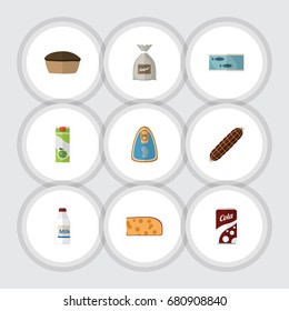 Flat Icon Meal Set Of Tart, Tin Tuna, Smoked Sausage And Other Vector Objects. Also Includes Bag, Canned, Fish Elements.