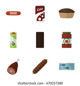 Flat Icon Meal Set Of Tin Tuna, Meat, Tart And Other Vector Objects. Also Includes Ham, Bratwurst, Packet Elements.
