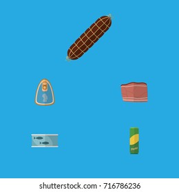 Flat Icon Meal Set Of Tin Tuna, Canned Chicken, Spaghetti And Other Vector Objects. Also Includes Smoked, Canned, Macaroni Elements.