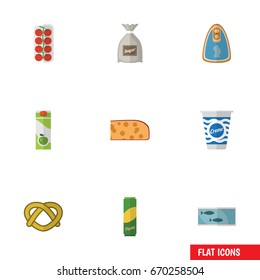 Flat Icon Meal Set Of Tomato, Cookie, Cheddar Slice And Other Vector Objects. Also Includes Biscuit, Tuna, Spaghetti Elements.