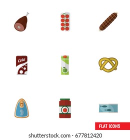 Flat Icon Meal Set Of Tomato, Tin Tuna, Smoked Sausage And Other Vector Objects. Also Includes Sauce, Tomato, Sausage Elements.