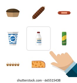 Flat Icon Meal Set Of Yogurt, Smoked Sausage, Bottle And Other Vector Objects. Also Includes Box, Tart, Custard Elements.