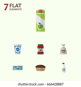 Flat Icon Meal Set Of Yogurt, Packet Beverage, Tart And Other Vector Objects. Also Includes Juice, Canned, Breakfast Elements.
