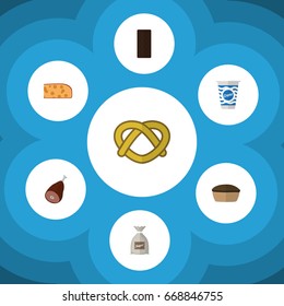 Flat Icon Meal Set Of Yogurt, Cookie, Sack And Other Vector Objects. Also Includes Pie, Sugar, Ham Elements.