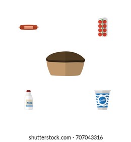 Flat Icon Meal Set Of Yogurt, Bottle, Kielbasa And Other Vector Objects. Also Includes Custard, Tasty, Tomato Elements.