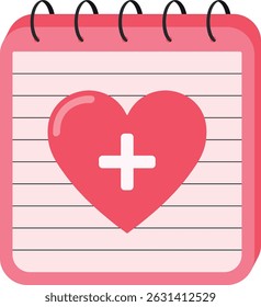 Flat icon of medical checkup calendar with heart and cross symbol. Health appointment planner. Vector illustration isolated on transparent background.