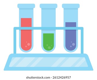 Flat icon of medical laboratory test tubes with chemical reagents isolated on white background.