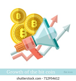 Flat icon with megaphone bit coin and rising arrows. Growth of the bit coin business illustration isolated on white