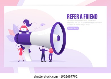 Flat icon with megaphone people refer friend. Poster, banner. Flat isometric vector illustration. 3d vector illustration.