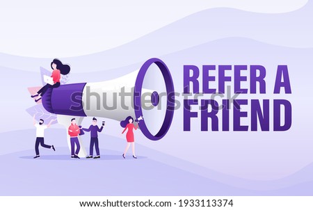 Flat icon with megaphone people refer friend. Poster, banner. Flat isometric vector illustration. 3d vector illustration.