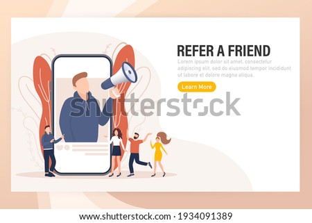 Flat icon with megaphone people refer friend. Poster, banner. Flat isometric vector illustration. 3d vector illustration.