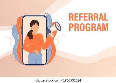 Flat icon with megaphone people referral program. Poster, banner. Flat isometric vector illustration. 3d vector illustration.