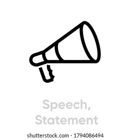 Flat icon megaphone statement about riot, protest. Editable line vector. Single pictogram. Speech symbol. Black contour bullhorn, speaking trumpet isolated on white background.