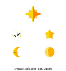 Flat Icon Midnight Set Of Asterisk, Starlet, Night And Other Vector Objects. Also Includes Midnight, Crescent, Lunar Elements.
