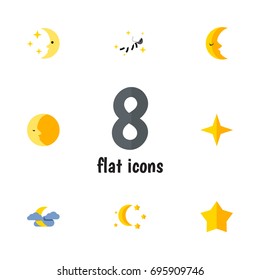 Flat Icon Midnight Set Of Lunar, Nighttime, Bedtime And Other Vector Objects. Also Includes Midnight, Nighttime, Asterisk Elements.