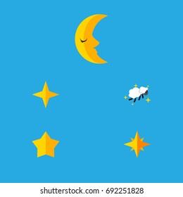 Flat Icon Midnight Set Of Moon, Star, Asterisk And Other Vector Objects. Also Includes Lunar, Nighttime, Star Elements.