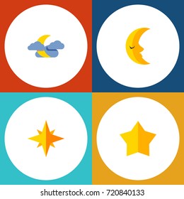Flat Icon Midnight Set Of Starlet, Midnight, Asterisk And Other Vector Objects. Also Includes Crescent, Star, Asterisk Elements.