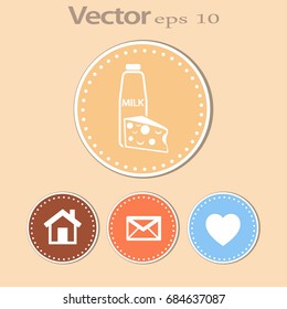 Icono plano. Leche y queso, una casa, un sobre, un corazón.