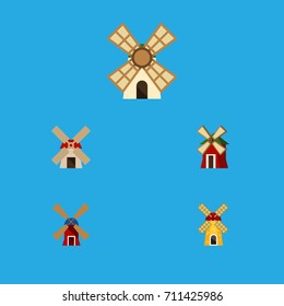 Flat Icon Mill Set Of Ecology, Power, Rural And Other Vector Objects. Also Includes Mill, Farm, Windmill Elements.