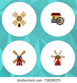 Flat Icon Mill Set Of Propeller, Wheel, Windmill And Other Vector Objects. Also Includes Wheel, Energy, Waterwheel Elements.