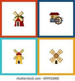 Flat Icon Mill Set Of Rural, Windmill, Wheel And Other Vector Objects. Also Includes Mill, Wind, Power Elements.