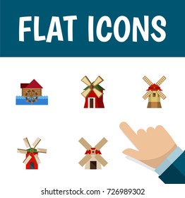 Flat Icon Mill Set Of Rural, Watermill, Propeller And Other Vector Objects. Also Includes Mill, Waterwheel, Wheel Elements.