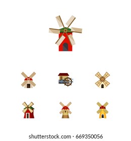 Flat Icon Mill Set Of Turbine, Rural, Windmill And Other Vector Objects. Also Includes Wheel, Ecology, Waterwheel Elements.