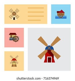 Flat Icon Mill Set Of Watermill, Windmill, Wheel And Other Vector Objects. Also Includes Windmill, Farm, Wind Elements.