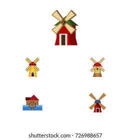 Flat Icon Mill Set Of Watermill, Turbine, Wind Energy And Other Vector Objects. Also Includes Energy, Farm, Propeller Elements.