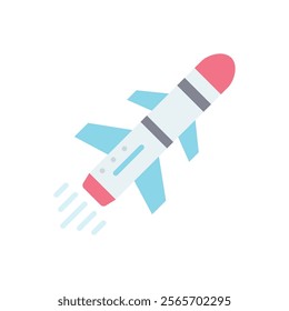 Flat icon of a Missile in cartoon style. Color vector illustration of missile aircraft for military, aerospace, businesses, innovation and development. Ideal for apps and websites.