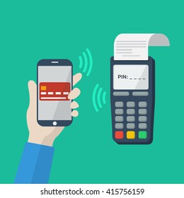Flat icon with mobile technology, online shopping, web wallet, nfc, online banking concept. Smartphone with human hand. Vector infografhic elements for online techology concept. Mobile payment.