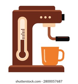 A flat icon of a modern coffee machine featuring a built-in temperature gauge and a warm cup. Perfect for cafe menus, kitchen appliance stores, and coffee websites.