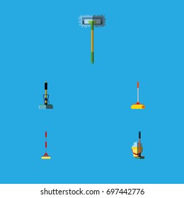 Flat Icon Mop Set Of Besom, Mop, Broom And Other Vector Objects. Also Includes Sweeper, Bucket, Sweep Elements.