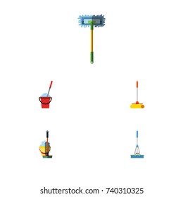 Flat Icon Mop Set Of Besom, Cleaning, Bucket And Other Vector Objects. Also Includes Bucket, Equipment, Broomstick Elements.