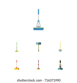 Flat Icon Mop Set Of Broom, Cleaner, Sweep And Other Vector Objects. Also Includes Sweeper, Besom, Broom Elements.