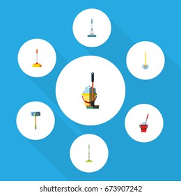Flat Icon Mop Set Of Bucket, Besom, Mop And Other Vector Objects. Also Includes Mop, Bucket, Cleaning Elements.